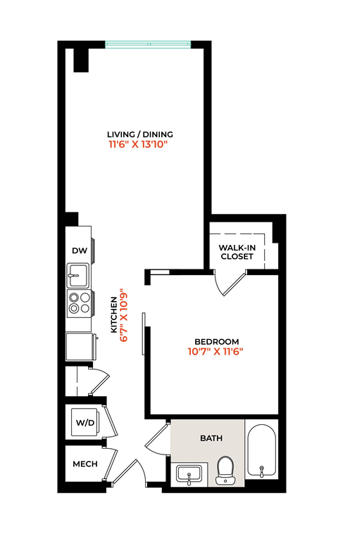 Floor plan for 1 bed, 1 bath, 579 sqft